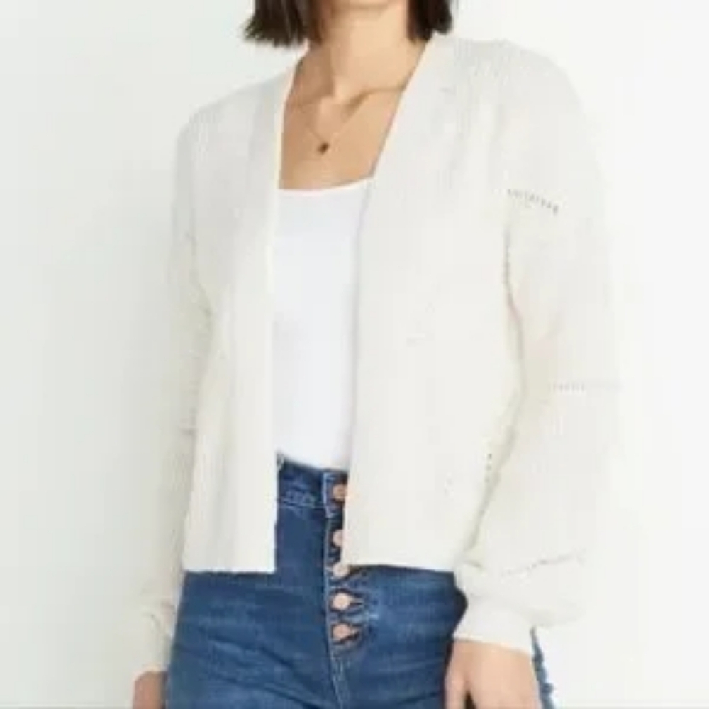 Marine Layer Cream Pointelle Knit Cashmere Blend Open Front Cropped Cardigan S